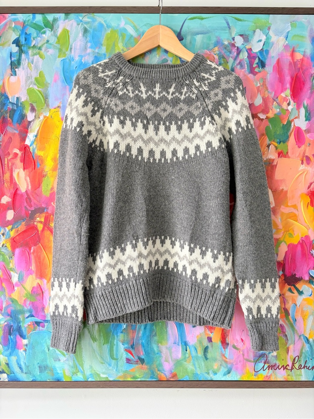Aritzia TNA Spirit Fair Isle Lambswool Cashmere Sweater Grey M